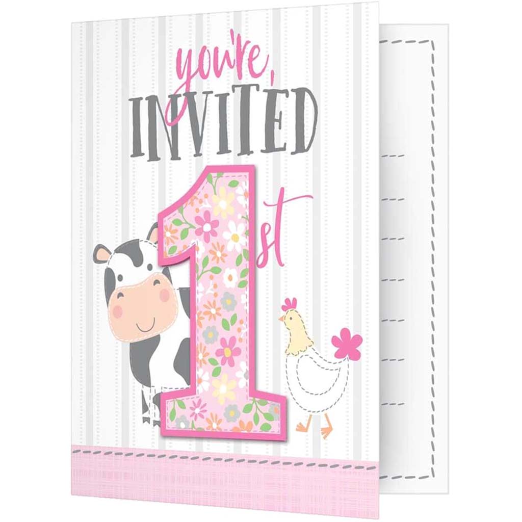 Farmhouse Birthday Pink Foldover Invitations with Attachment 8ct