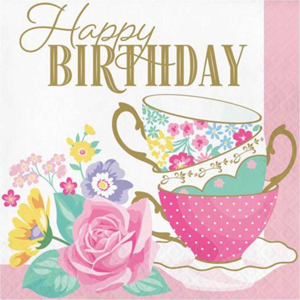 Floral Tea Party Happy Birthday Luncheon Napkins 2ply 16ct