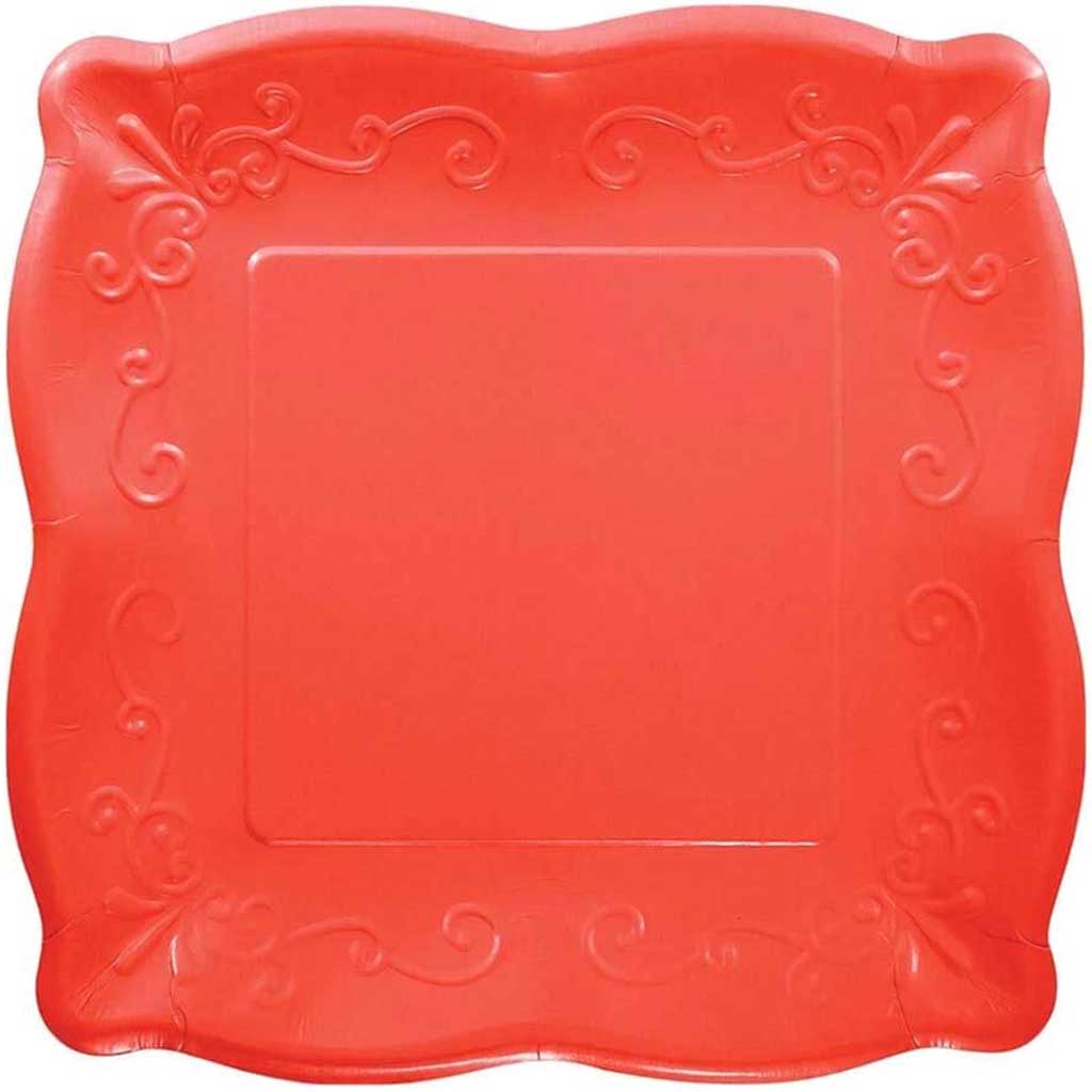 Coral Red Banquet Plate Embossed Square 10in 8ct