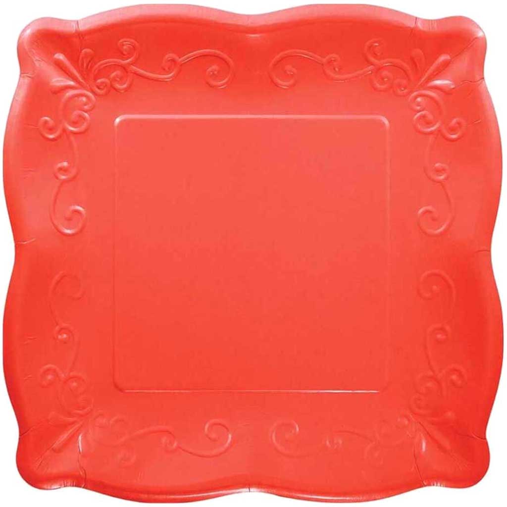 Coral Red Dessert Plate Embossed Square 7in 8ct