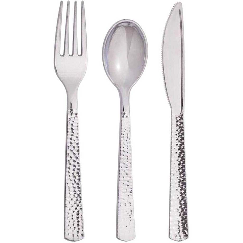 Metallic Silver Hammered Assorted Cutlery 24 Count