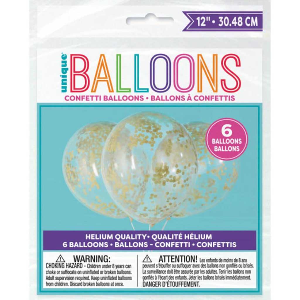 Clear Latex Balloons with Gold Confetti 12in 6ct