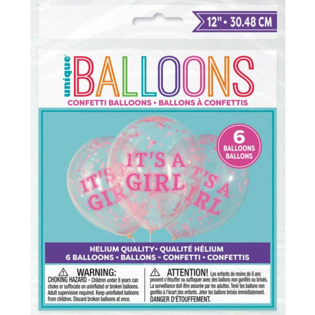 Girl Clear Latex Balloons with Pink Confetti 12in 6ct