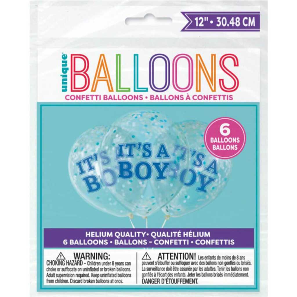 Boy Clear Latex Balloons with Blue Confetti 12in 6ct