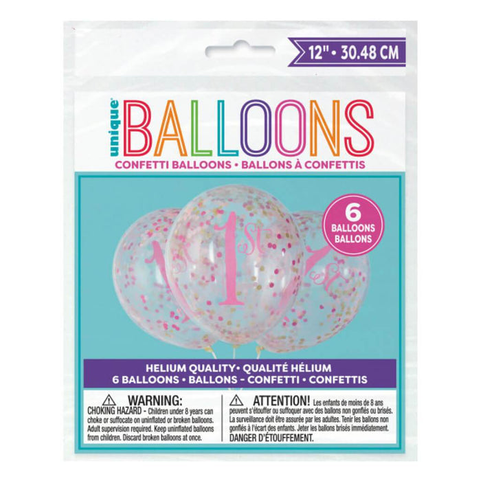 Pink & Gold First Birthday Clear Latex Balloons with Confetti 12in 6ct