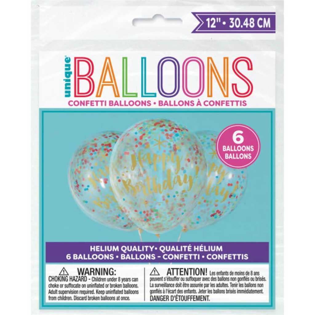 Glitzy Gold Birthday Clear Latex Balloons with Confetti 12in 6ct