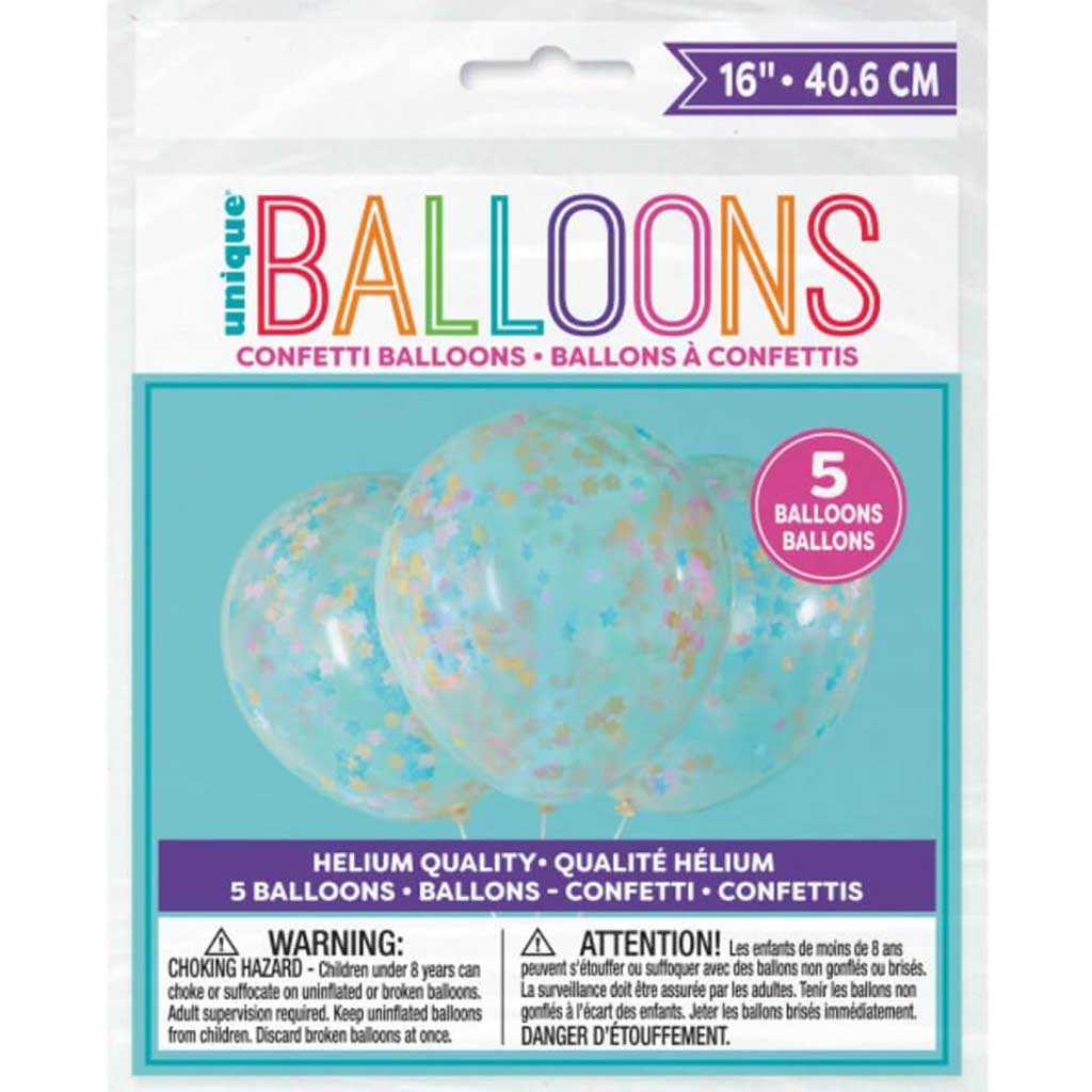 Clear Latex Balloons with Pink, Blue &amp; Gold Star Confetti 16in 5ct