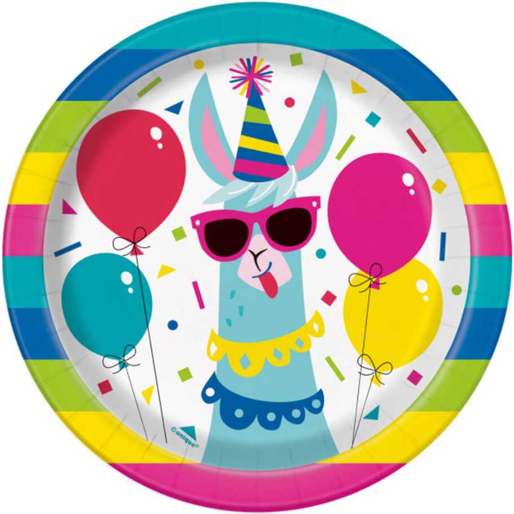 Llama Birthday Round Dessert Plates 7in 8ct