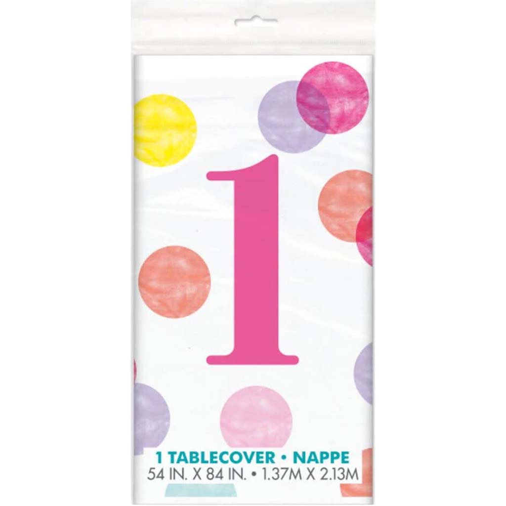 Pink Dots 1st Birthday Rectangular Plastic Table Cover  54in x 84in