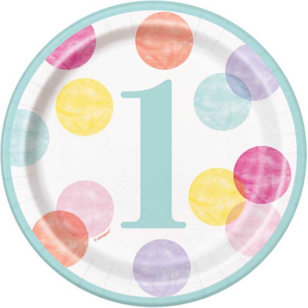 Pink Dots 1st Birthday Round   Dessert Plates 7in 8ct