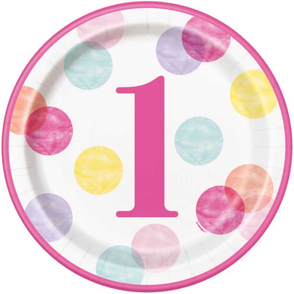 Pink Dots 1st Birthday Round Dinner Plates 9in 8ct