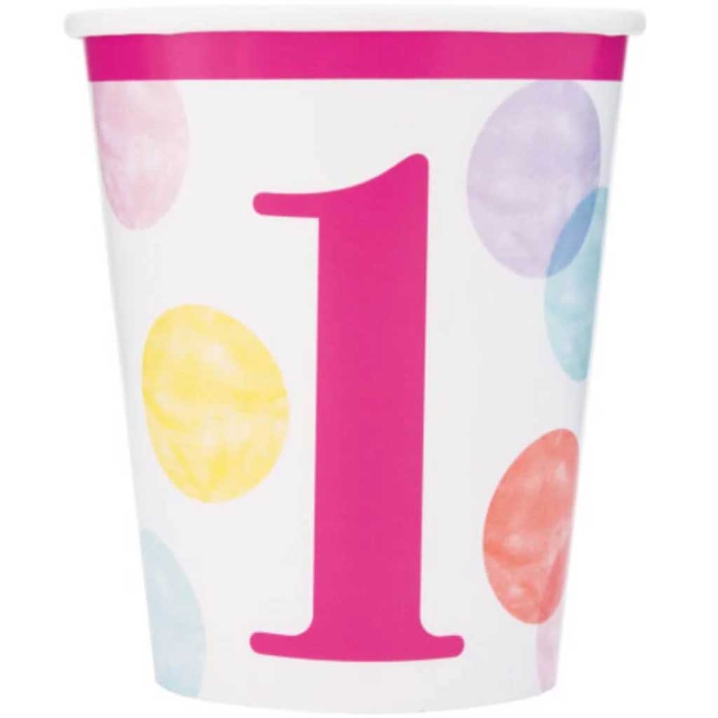 Pink Dots 1st Birthday Paper Cup 9oz 8ct