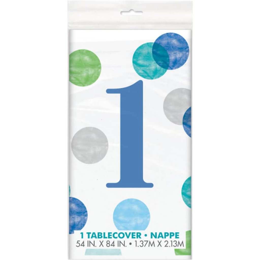 Blue Dots 1st Birthday Rectangular Plastic Table Cover 54in x 84in