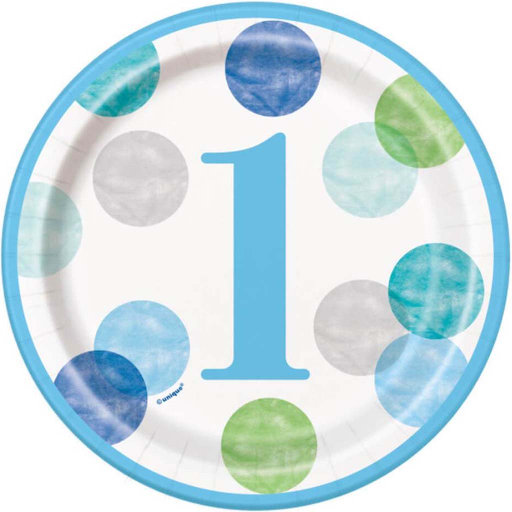 Blue Dots 1st Birthday Round Dessert Plates 7in 8ct