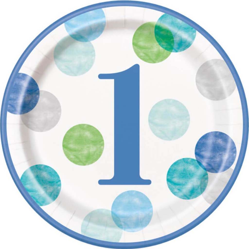 Blue Dots 1st Birthday Round Dinner Plates 9in 8ct