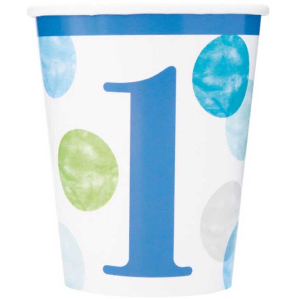 Blue Dots 1st Birthday Paper Cups 9oz 8ct