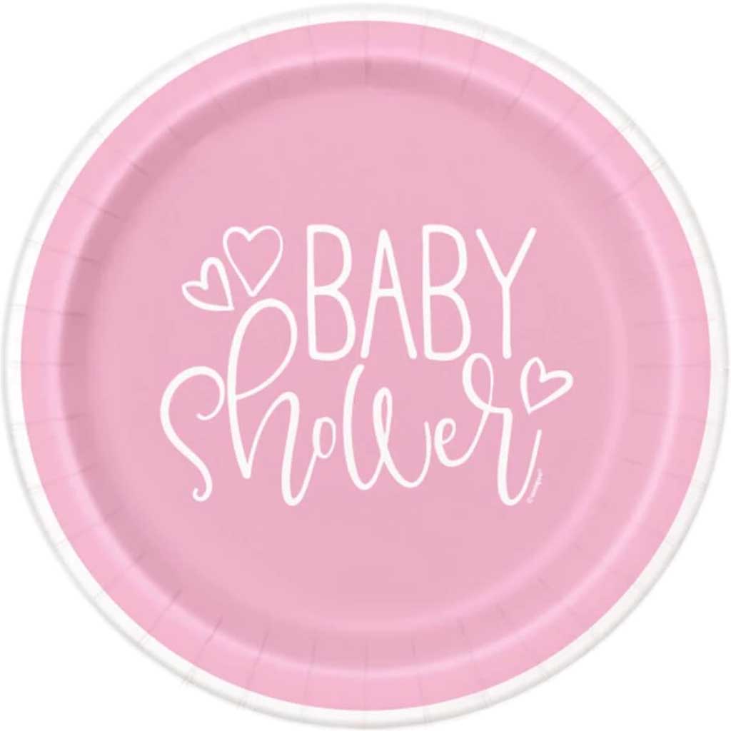 Pink Hearts Baby Shower Round Dessert Plates 7in 8ct