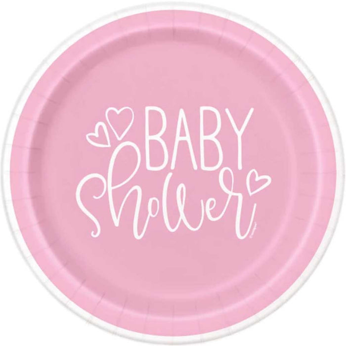 Pink Hearts Baby Shower Round Dinner Plates 9in 8ct