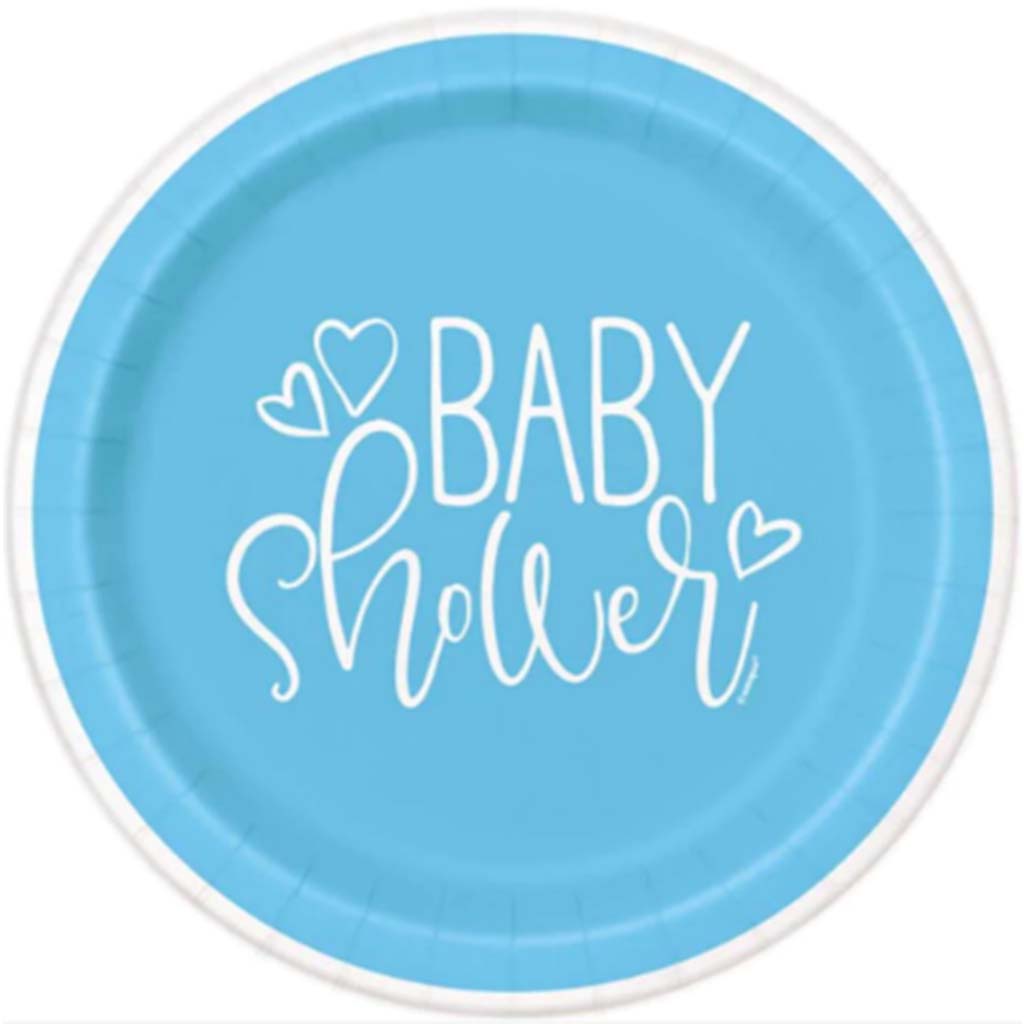 Blue Hearts Baby Shower Round Dessert Plates 7in 8ct