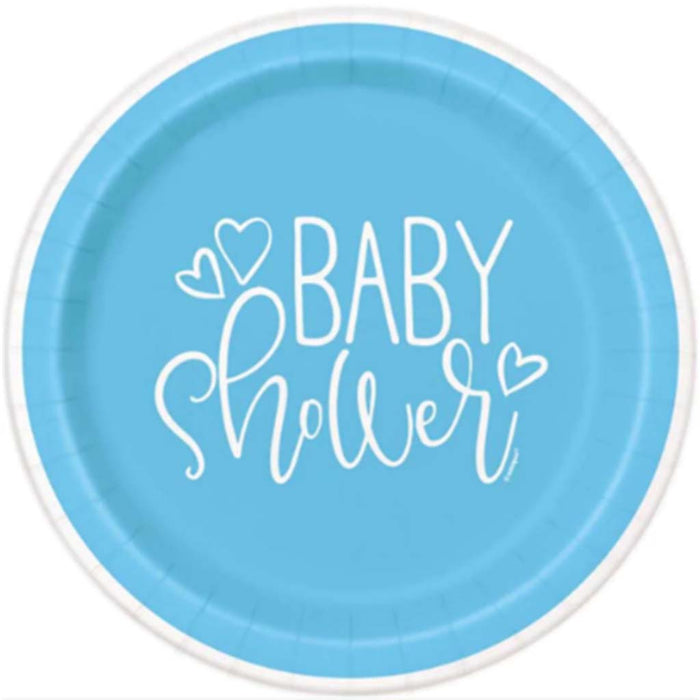 Blue Hearts Baby Shower Round Dessert Plates 7in 8ct