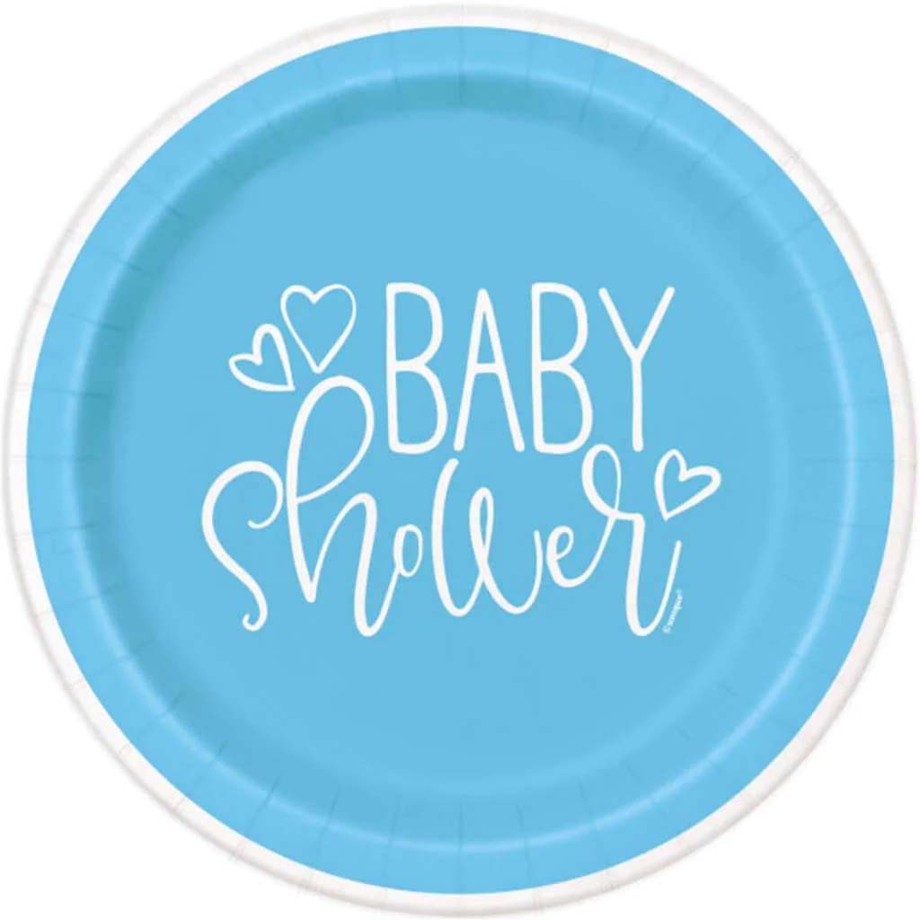 Blue Hearts Baby Shower Round Dinner Plates 9in 8ct