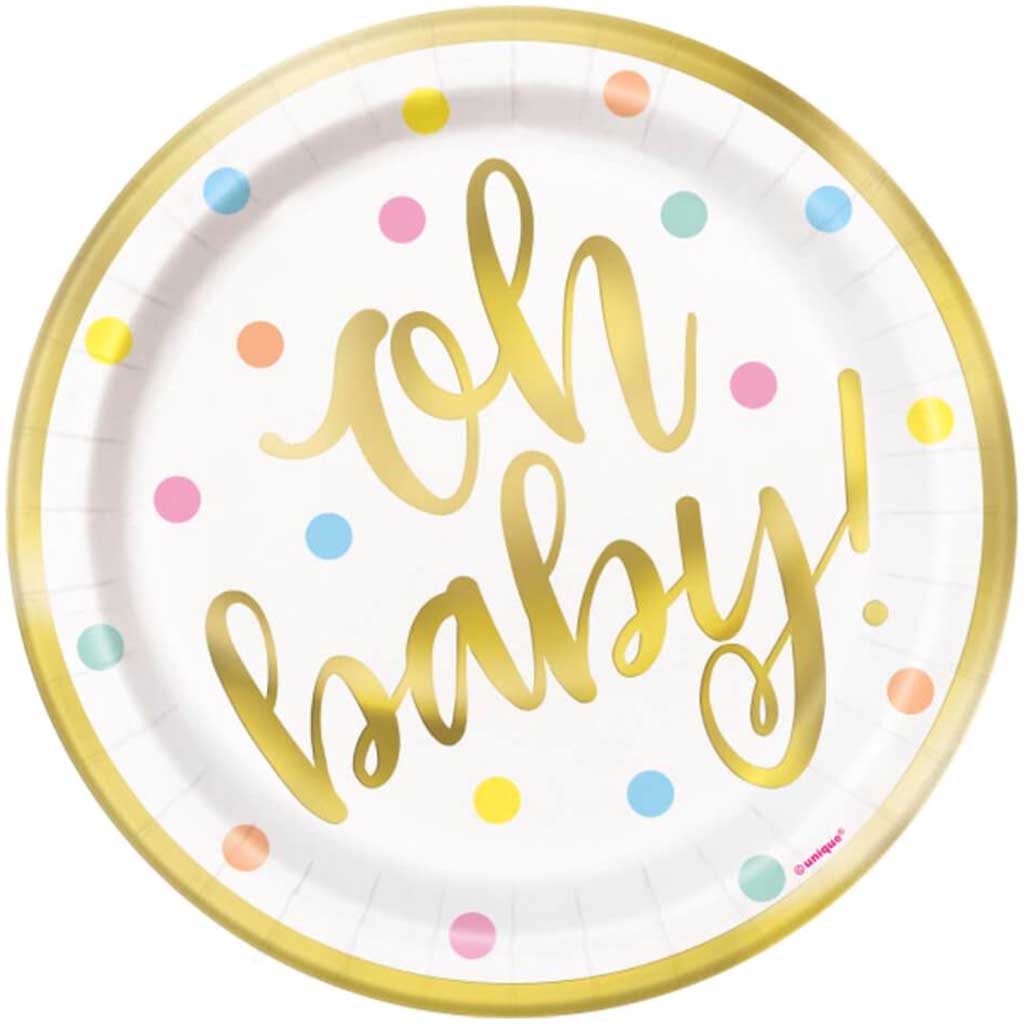 Oh Baby Gold Baby Shower Round Dessert Plates Foil Board 7in 8ct