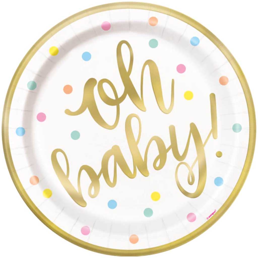 Oh Baby Gold Baby Shower Round Dinner Plates Foil Board 9in 8ct