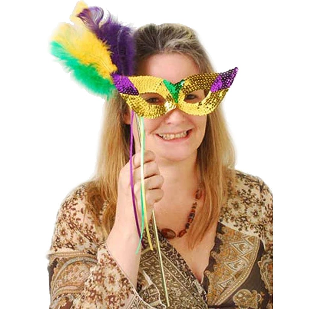 Mardi Gras Sequin Mask with Feathers and Stick