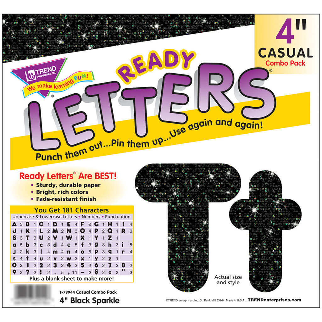 Black Sparkle 4-Inch Casual Uppercase/Lowercase Combo Pack Ready Letters