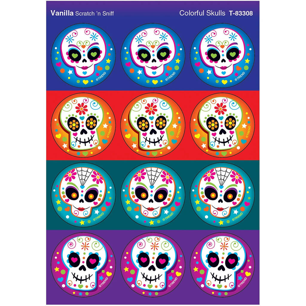 Colorful Skulls, Vanilla scent Scratch &#39;n Sniff Stinky Stickers