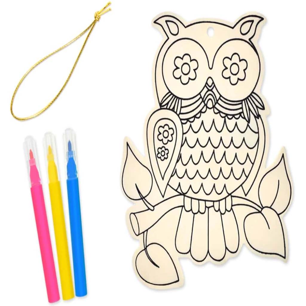 DIY Wood Ornament Kit Owl with 3 Mini Felt Markers