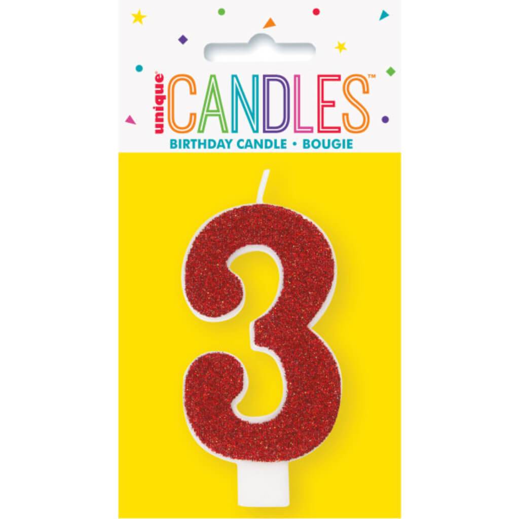 Glitter Number 3 Birthday Candle Assorted Colors