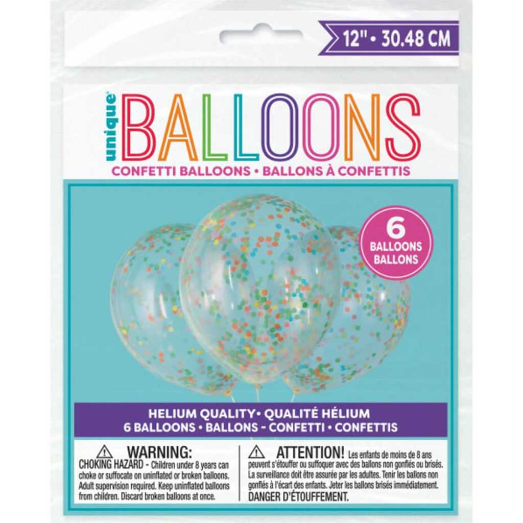 Clear Latex Balloons with Multi-Colored Confetti 12in 6ct