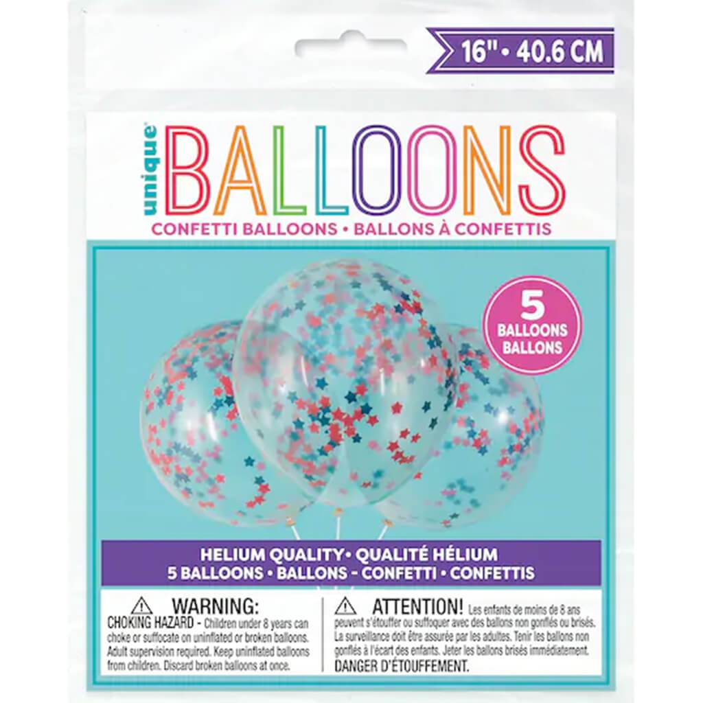 Latex Balloon Clear with Star Confetti 16in 5pk