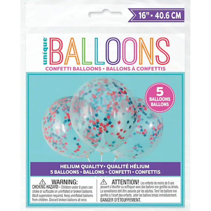 Latex Balloon Clear with Star Confetti 16in 5pk