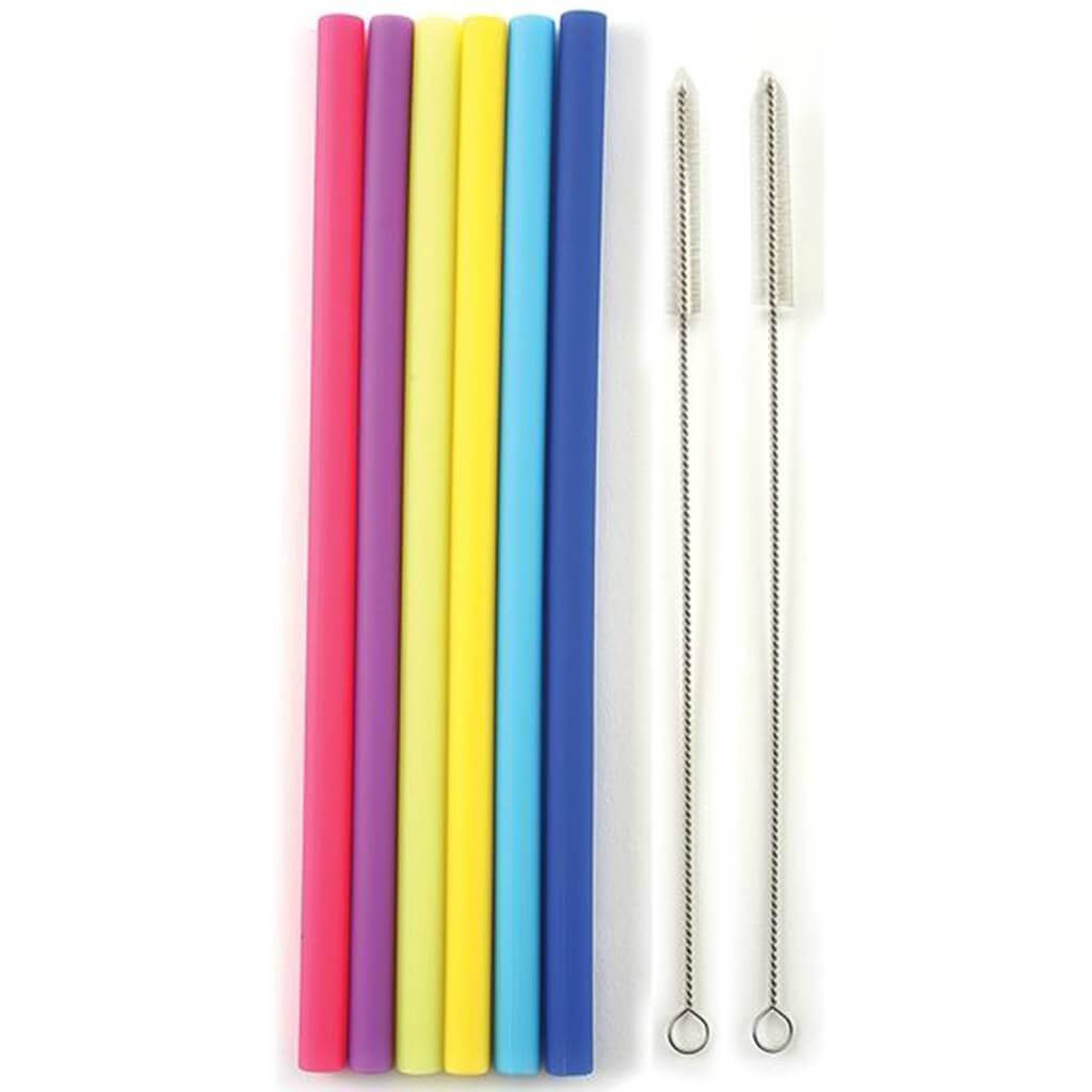 6 Reusable Jumbo Silicone Straws With 2 Cleaning Brushes