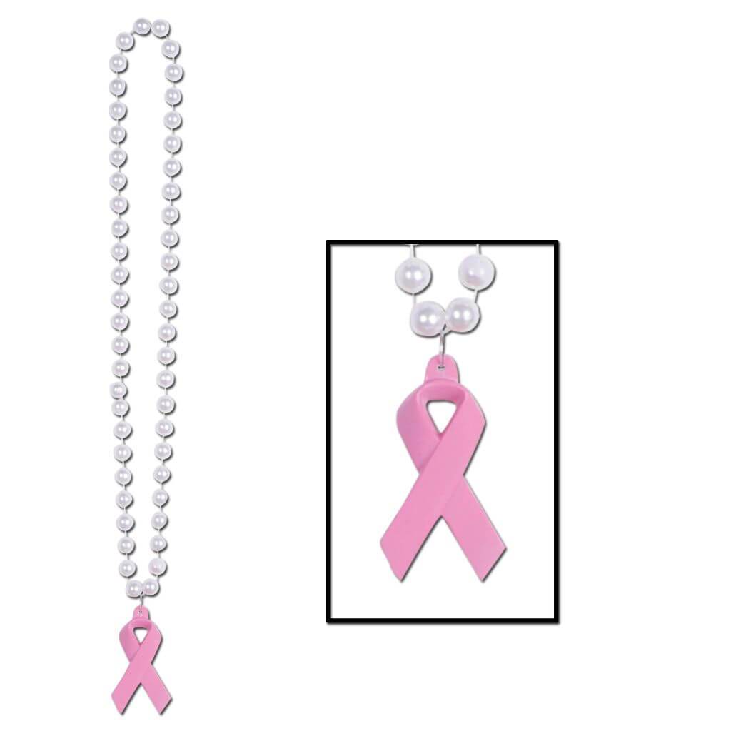 Beads with Pink Ribbon Medallion 40in