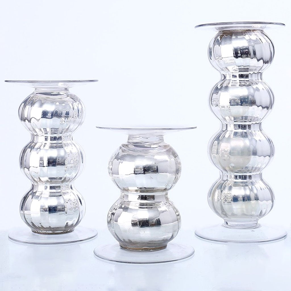 Silver Glass Candleholder Set of 3 H:6in/8in/10.5in D:4.5in