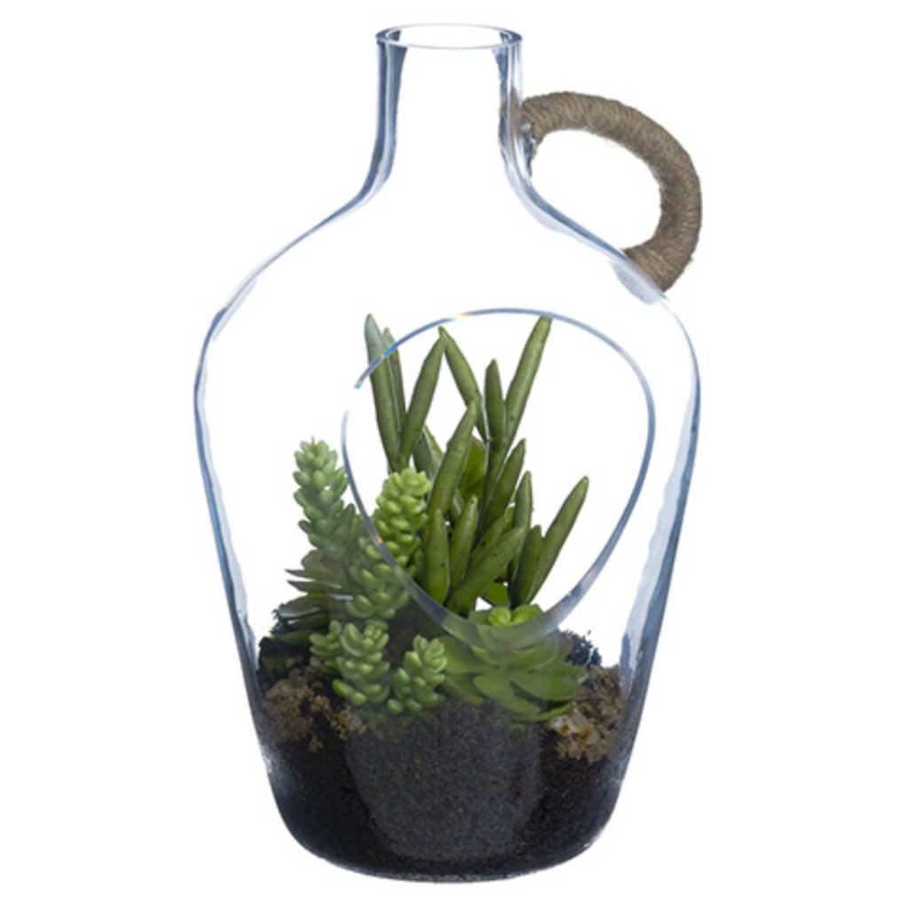 Succulent Garden in Glass Bottle Green 12in