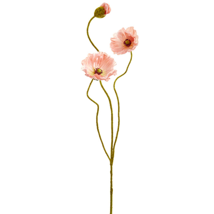 Poppy Spray with 2 Flowers and One Bud 24in, Coral