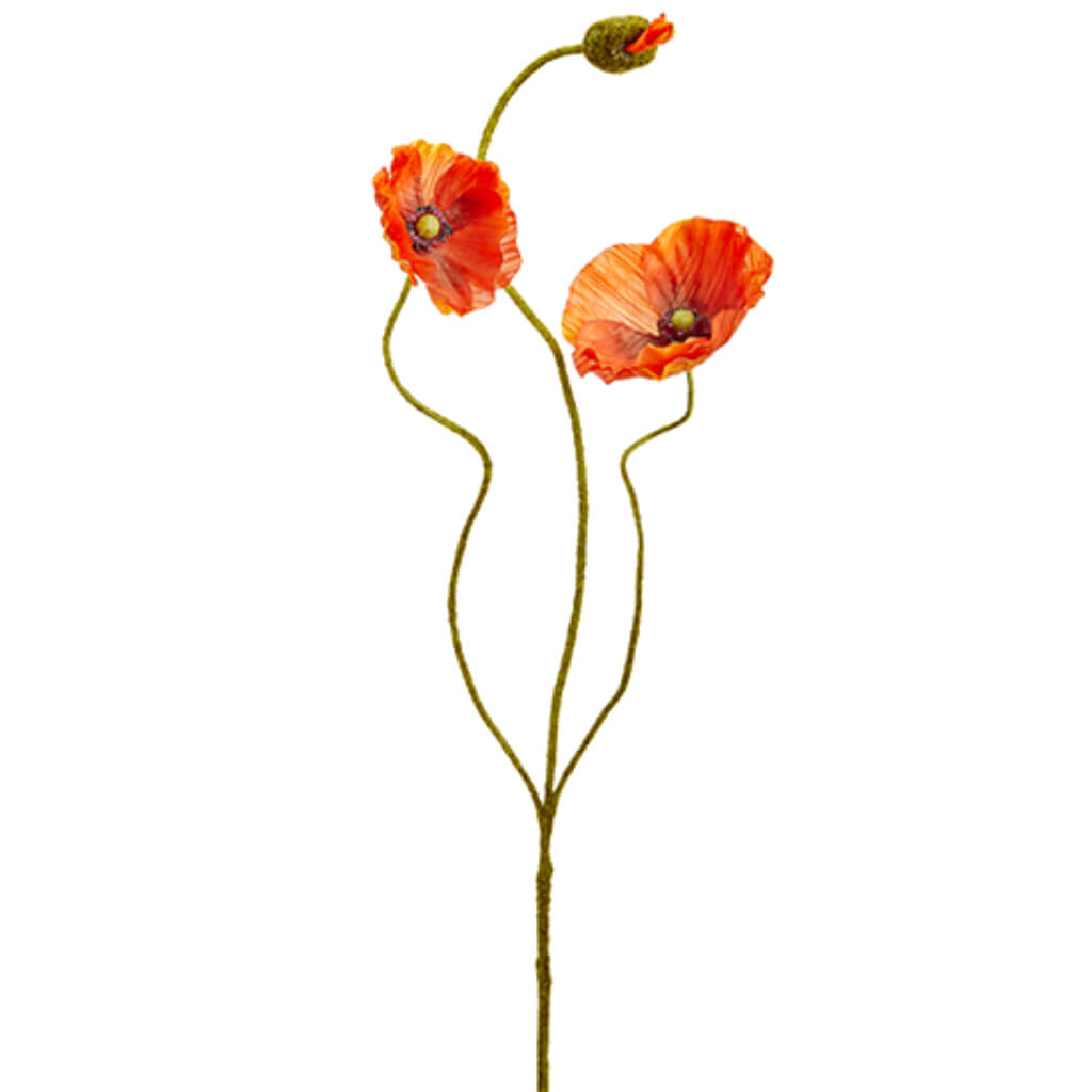 Poppy Spray with 2 Flowers and One Bud Orange 24.4in