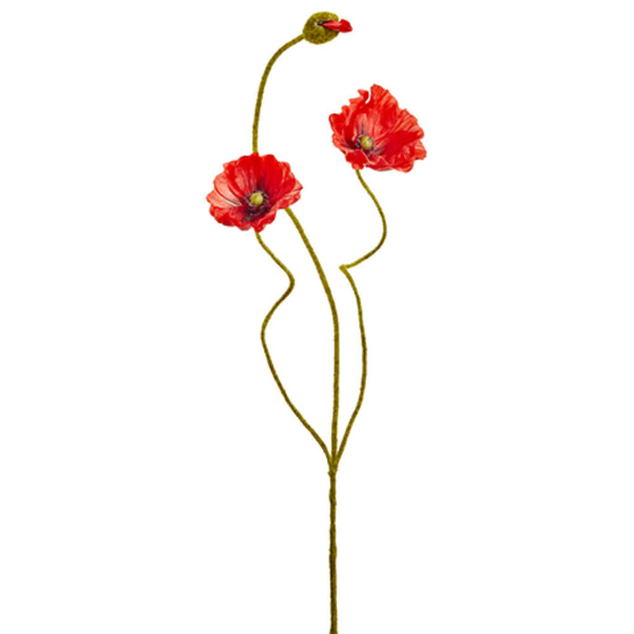 Poppy Spray with 2 Flowers and One Bud 24in, Red
