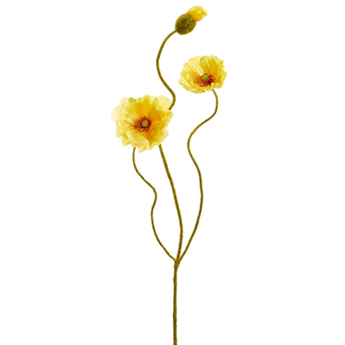 Poppy Spray with 2 Flowers and One Bud 24in, Yellow