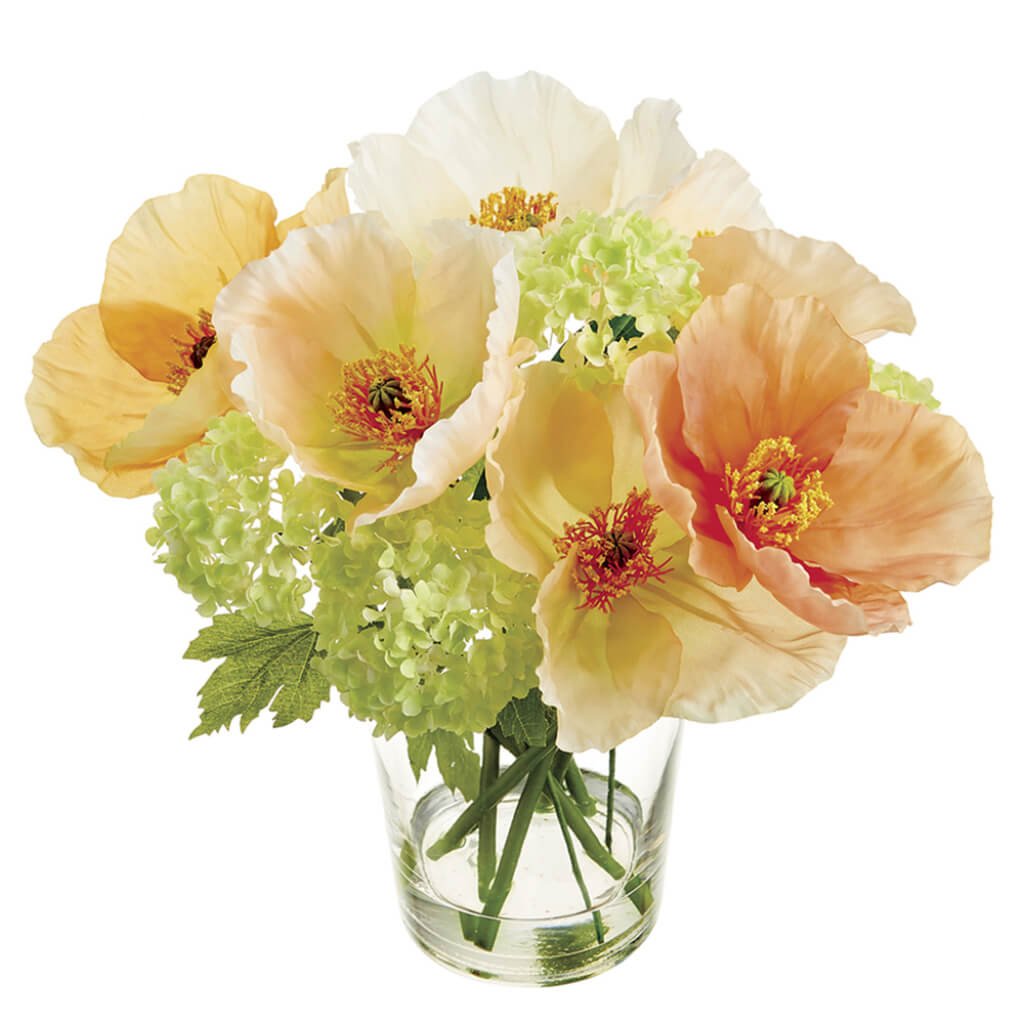 Poppy/Snowball Arrangement in Glass Vase Mixed 11.5in