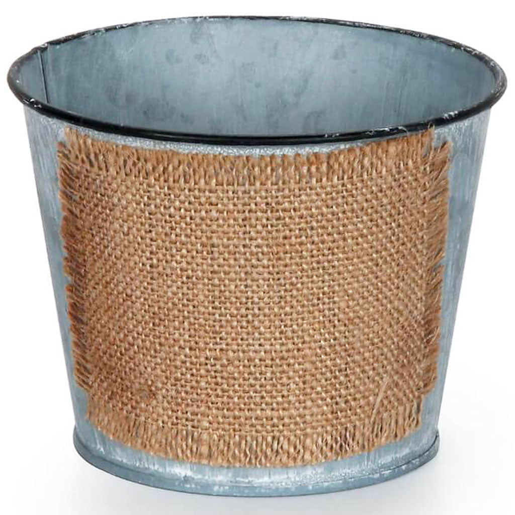 Planter Metal Gray With Burlap Label 4.75 x 3.5in