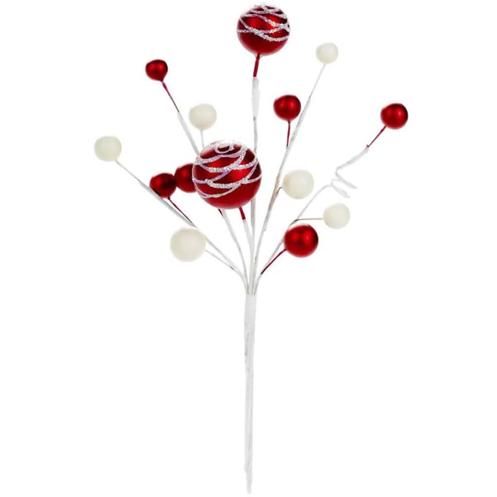 Ornament Christmas Picks And Sprays: Red &amp; White, 9in