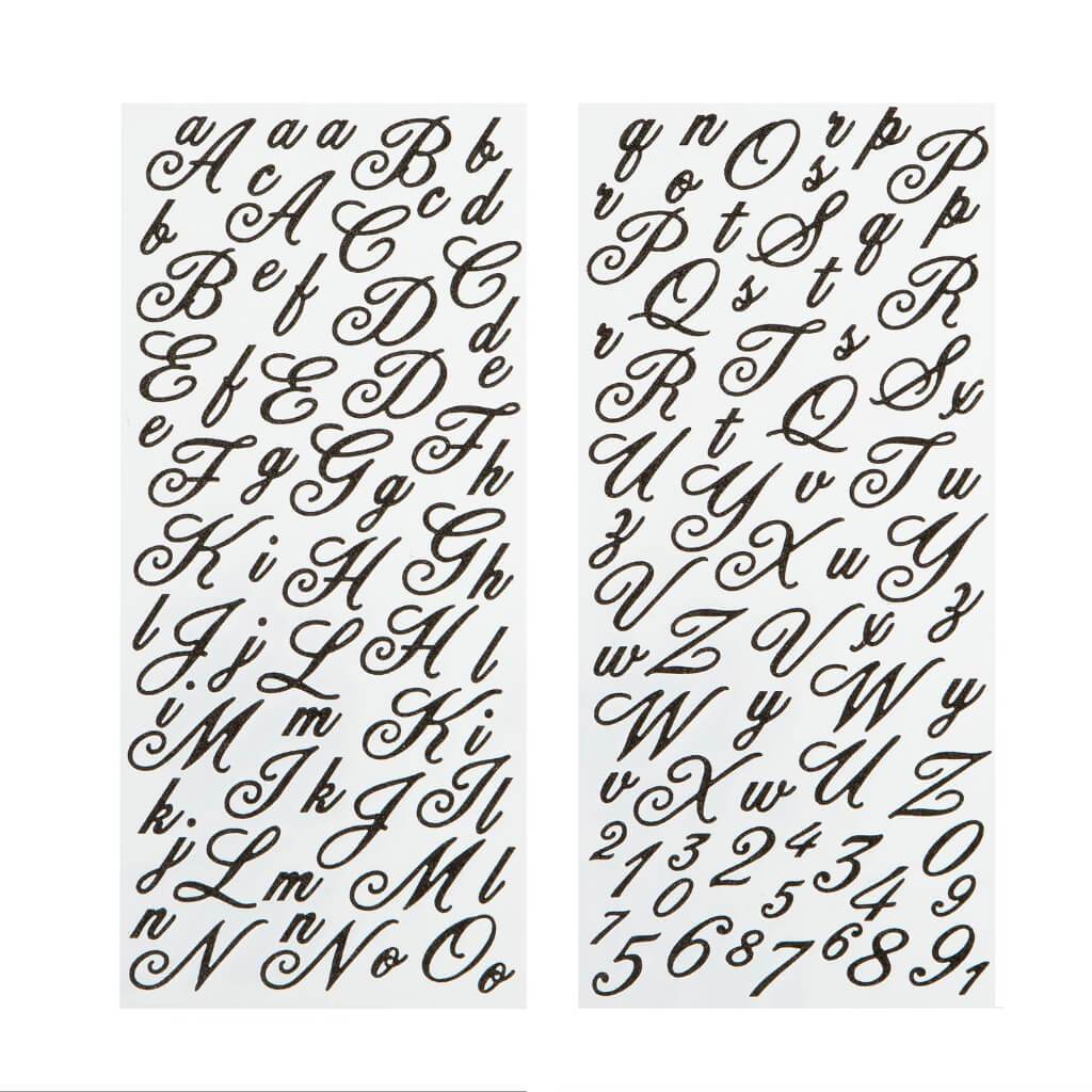 Small Flirty Font Letter Stickers: Black Glitter