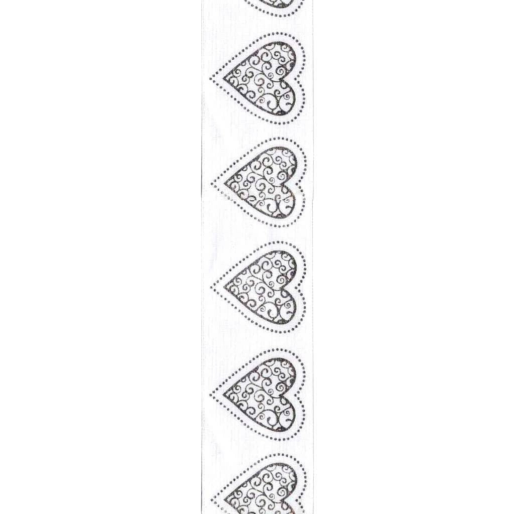 Heart Scroll Pattern Ribbon 1.5in White/Silver