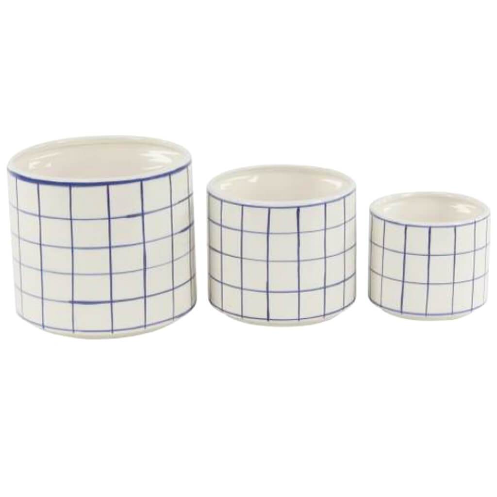 Ceramic Planter White Blue Set of 3, 6 in, 8 in, 10 in