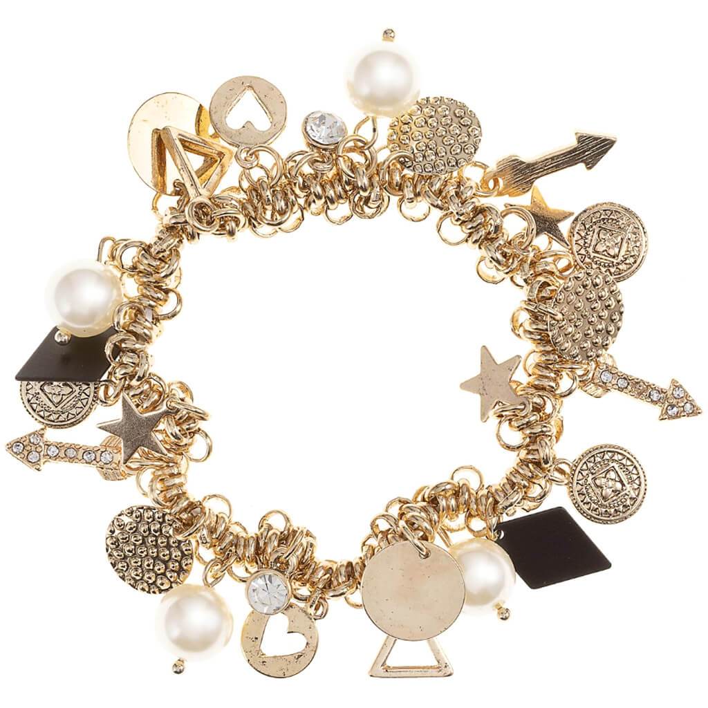 Charm Bracelet: Arrows &amp; Pearls, Gold, 7 Inches